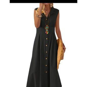 Peplum A-line Dress - Sleeveless, Turn-down Lapel Collar, Button-down, Large